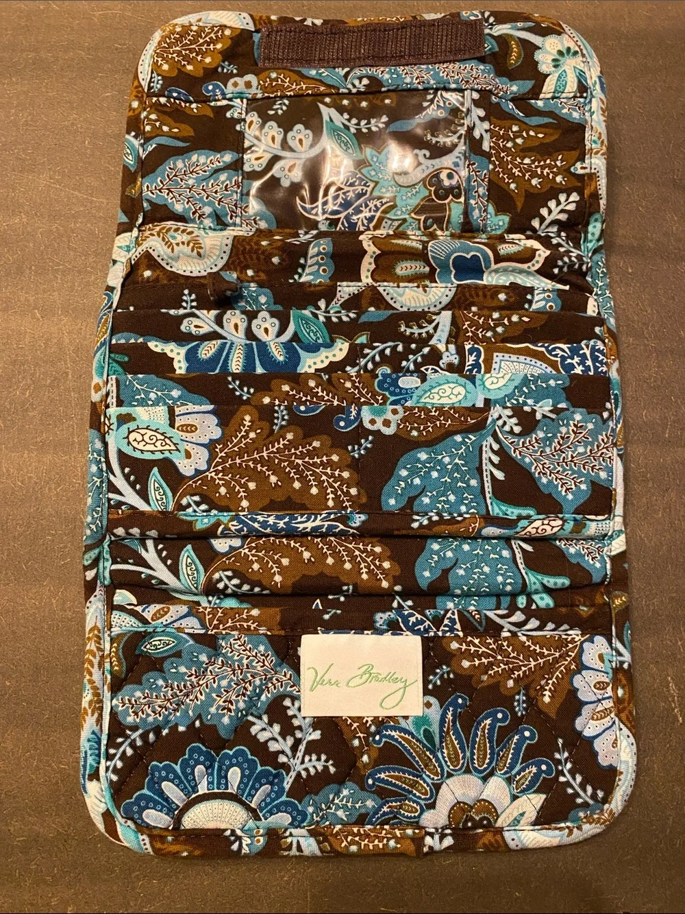 Vintage Vera Bradley Java Blue Trifold Wallet Quilted Cotton Brown Teal 7”x4”